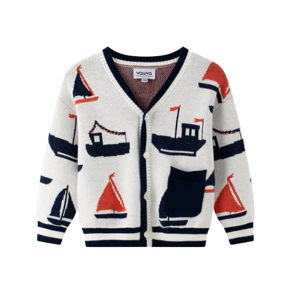 Vauva SS24 - Baby Boy Sailing Pattern Long Sleeve Cardigan (White) - Product 1