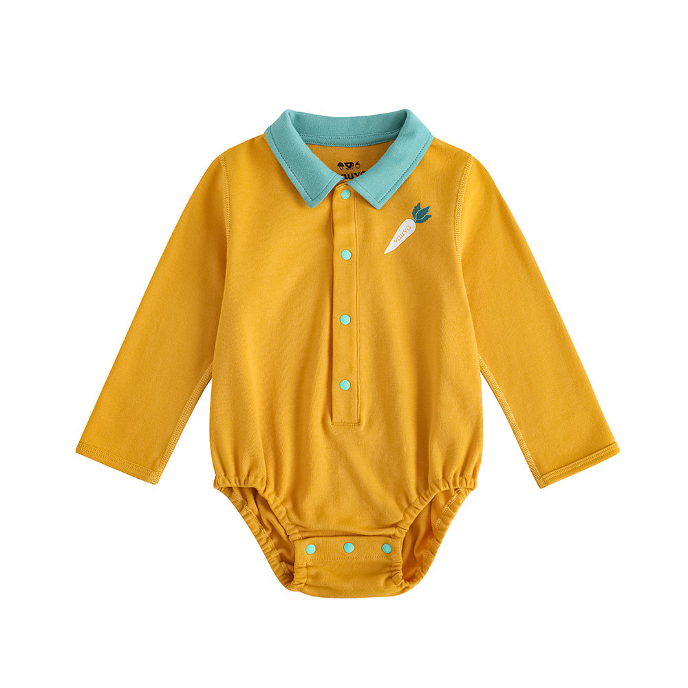 vauva FW23-男嬰胡蘿蔔圖案棉質馬球長袖緊身衣褲（黃色）