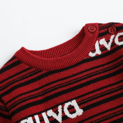 Baby Boys Red And Black Striped Cotton Pullover