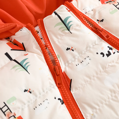 Vauva FW23-嬰兒男女通用北歐風格，全印刷棉帽長袖連身褲（紅色）