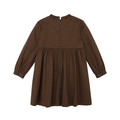 Vauva FW23 - 女孩棕色刺繡棉質連身裙