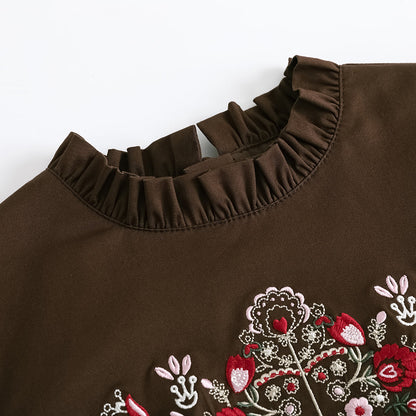 Vauva FW23 - 女孩棕色刺繡棉質連身裙