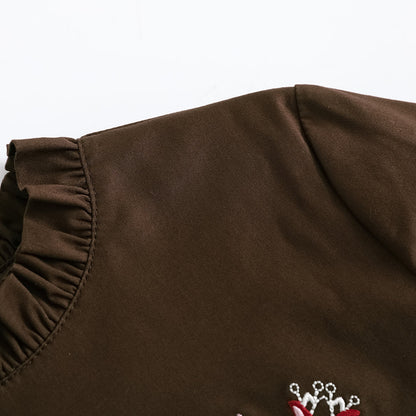 Vauva FW23 - 女孩棕色刺繡棉質連身裙