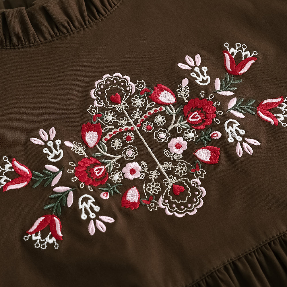 Vauva FW23 - 女孩棕色刺繡棉質連身裙