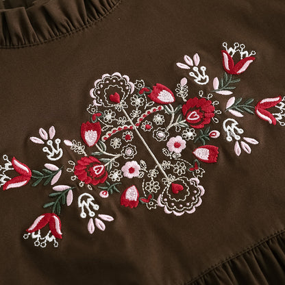 Vauva FW23 - 女孩棕色刺繡棉質連身裙