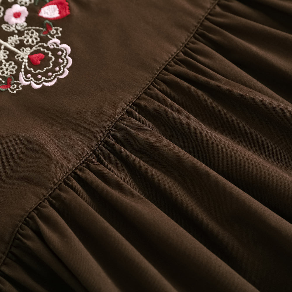 Vauva FW23 - 女孩棕色刺繡棉質連身裙