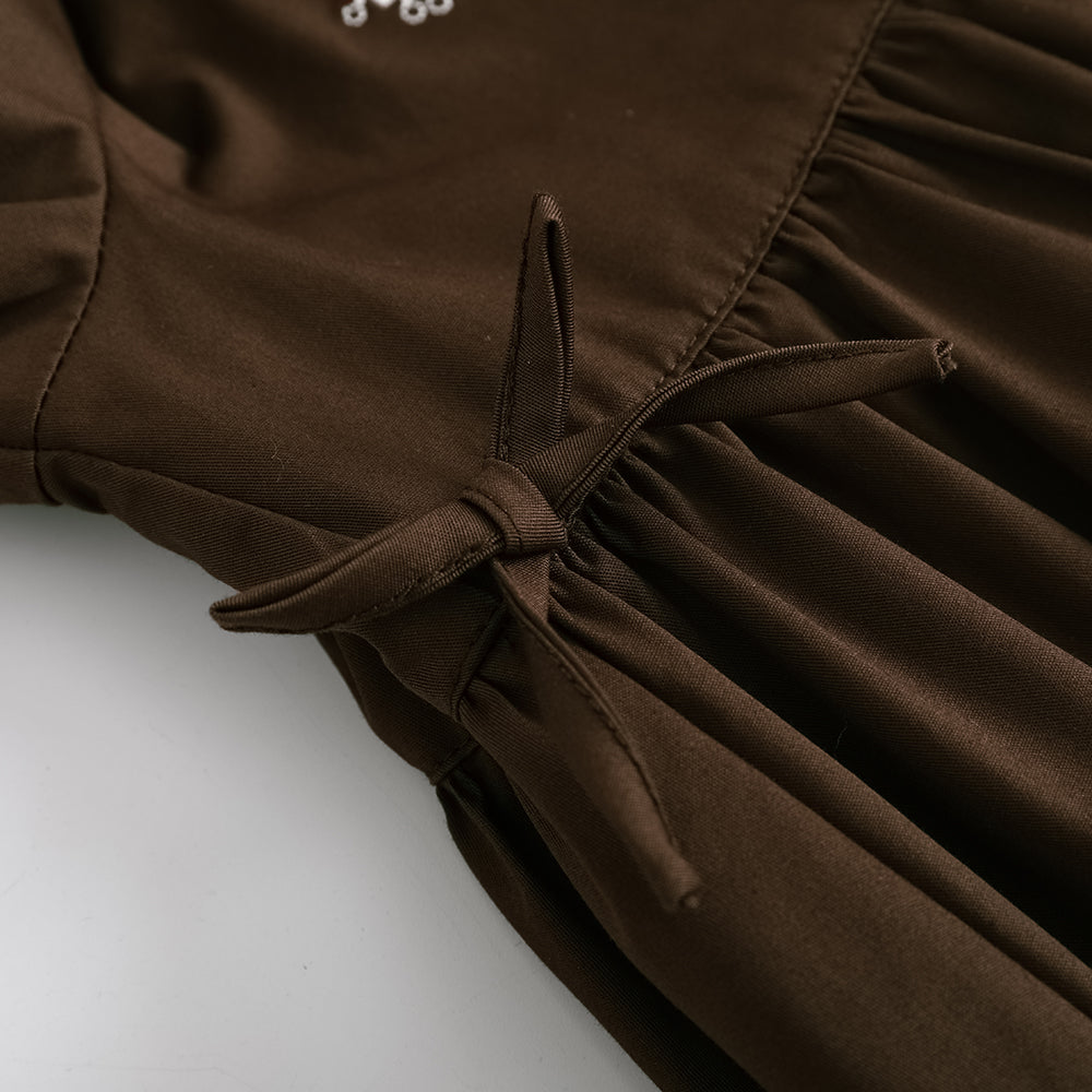 Vauva FW23 - 女孩棕色刺繡棉質連身裙