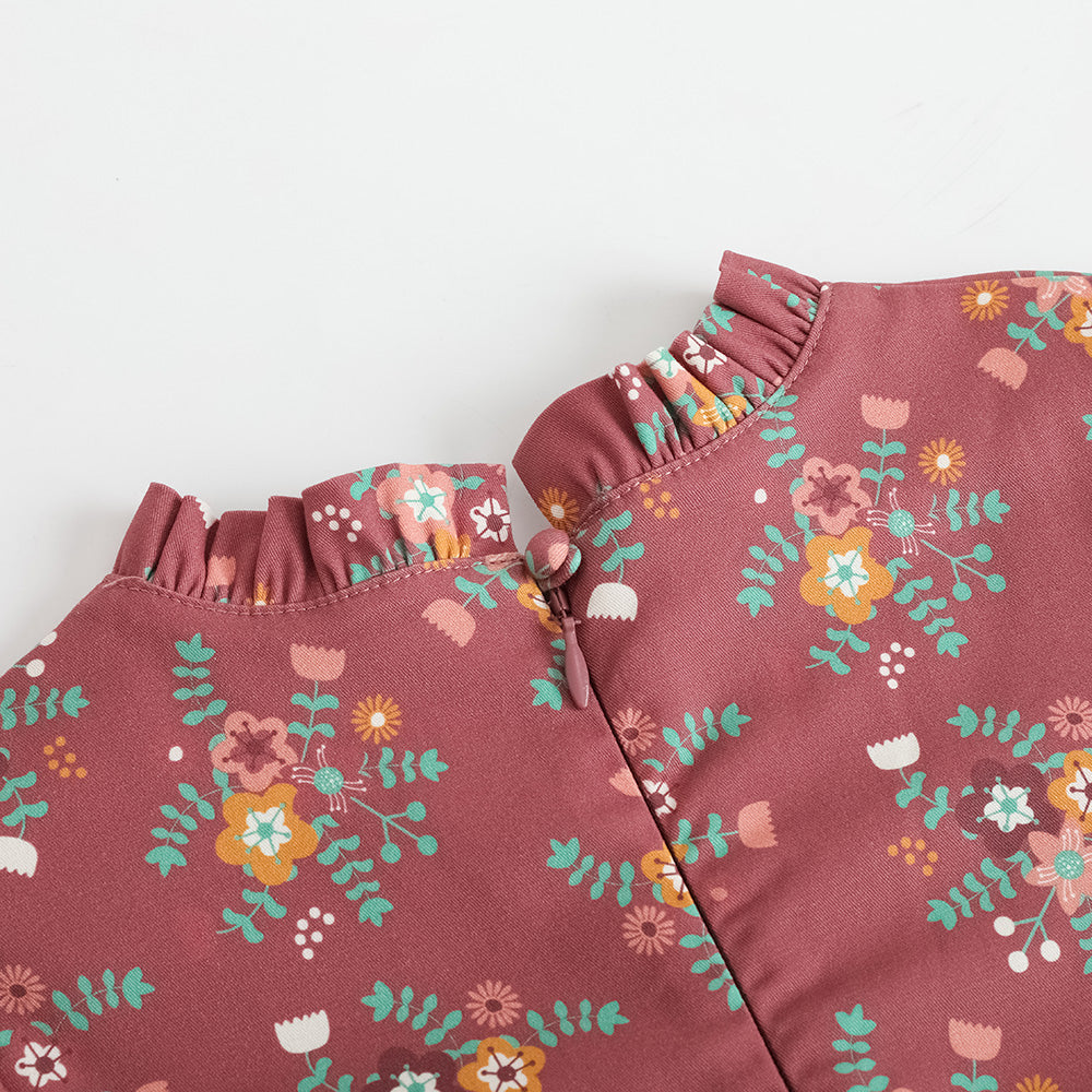 Vauva FW23-女孩紅色碎花連身裙