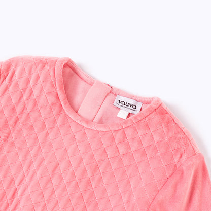 Girls Patchwork Grid Velvet Pink One Piece Dress