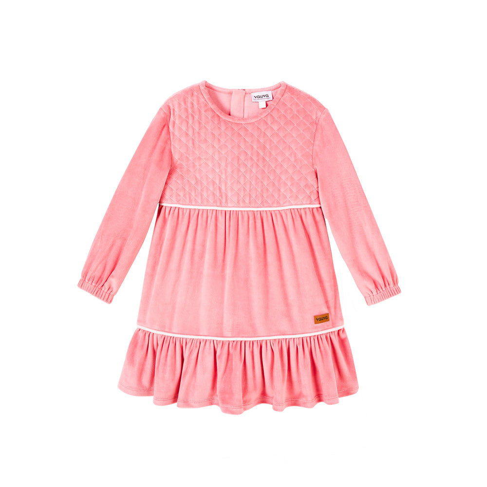 Girls Patchwork Grid Velvet Pink One Piece Dress