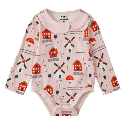 Vauva FW23-女嬰北歐風格，遍布印刷棉長袖緊身衣褲（粉紅色）