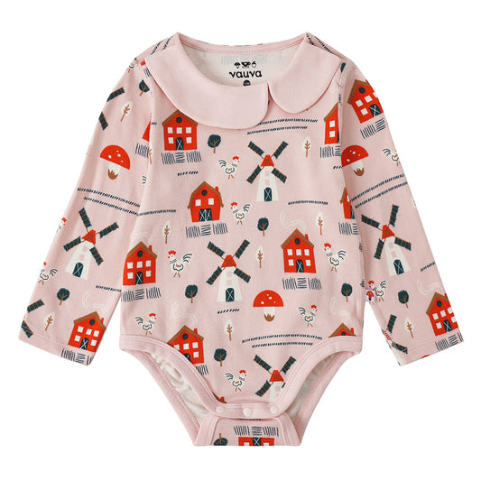 Vauva FW23-女嬰北歐風格，遍布印刷棉長袖緊身衣褲（粉紅色）