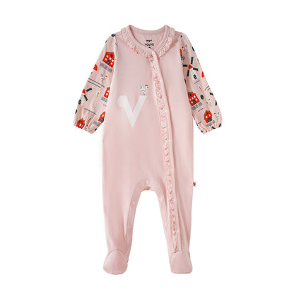 Vauva FW23-女嬰北歐風格的印刷棉袖子連身褲（粉紅色）