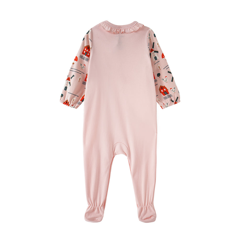 Vauva FW23-女嬰北歐風格的印刷棉袖子連身褲（粉紅色）