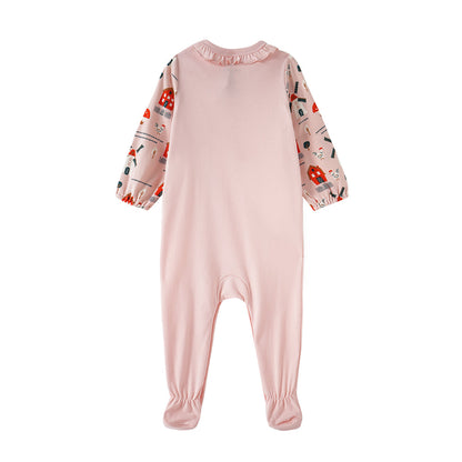 Vauva FW23-女嬰北歐風格的印刷棉袖子連身褲（粉紅色）