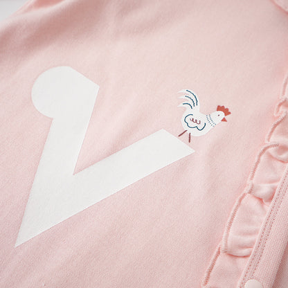 Vauva FW23-女嬰北歐風格的印刷棉袖子連身褲（粉紅色）