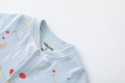 Vauva X Moomin FW23-男嬰Moomin遍布印刷棉帽長袖連身褲（藍色）