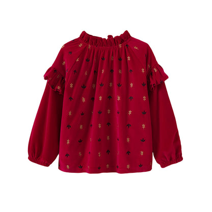 Vauva FW23-女孩荷葉邊的領燈芯絨上衣