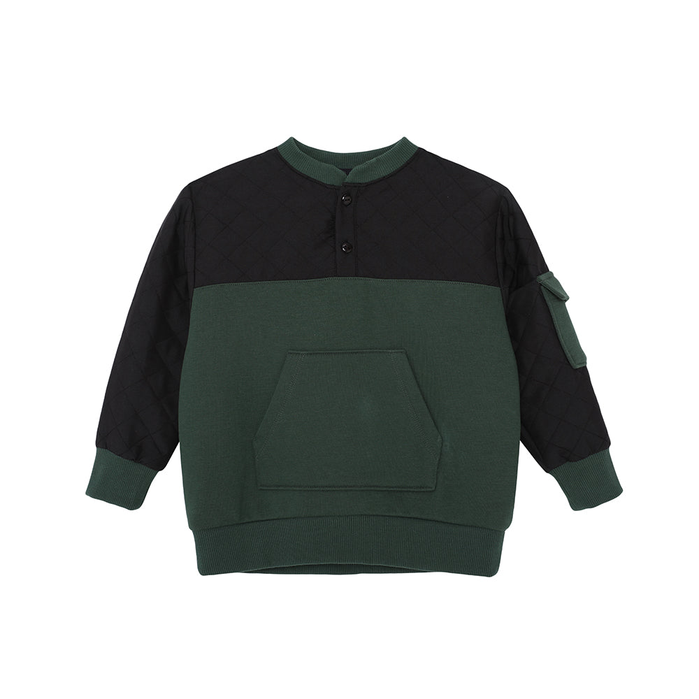 Vauva FW23-男孩簡單的拼布船員脖子運動衫（黑色/綠色）