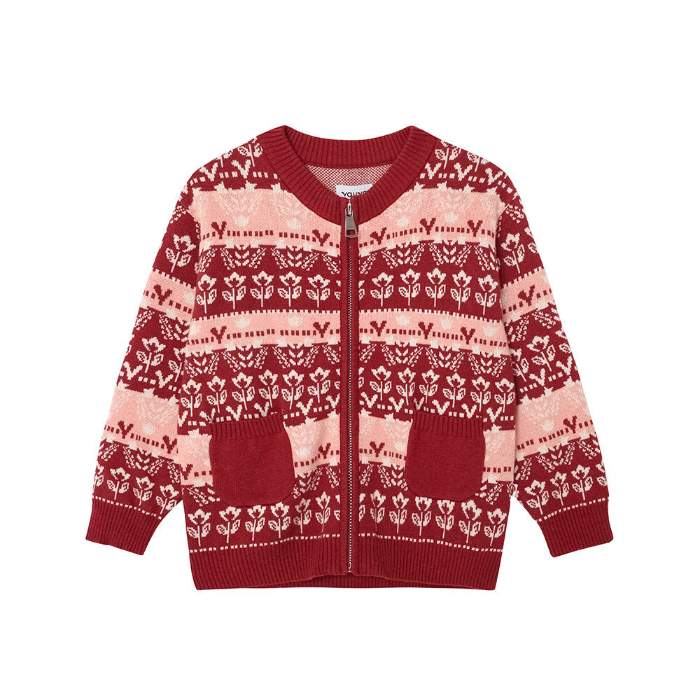 Vauva FW23-女孩Jacquard棉花羊絨夾克（紅色）