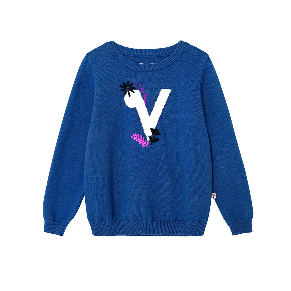 Girls Blue Printed Cotton Pullover
