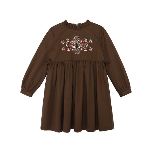 Girls Brown Embroidered Cotton Dress