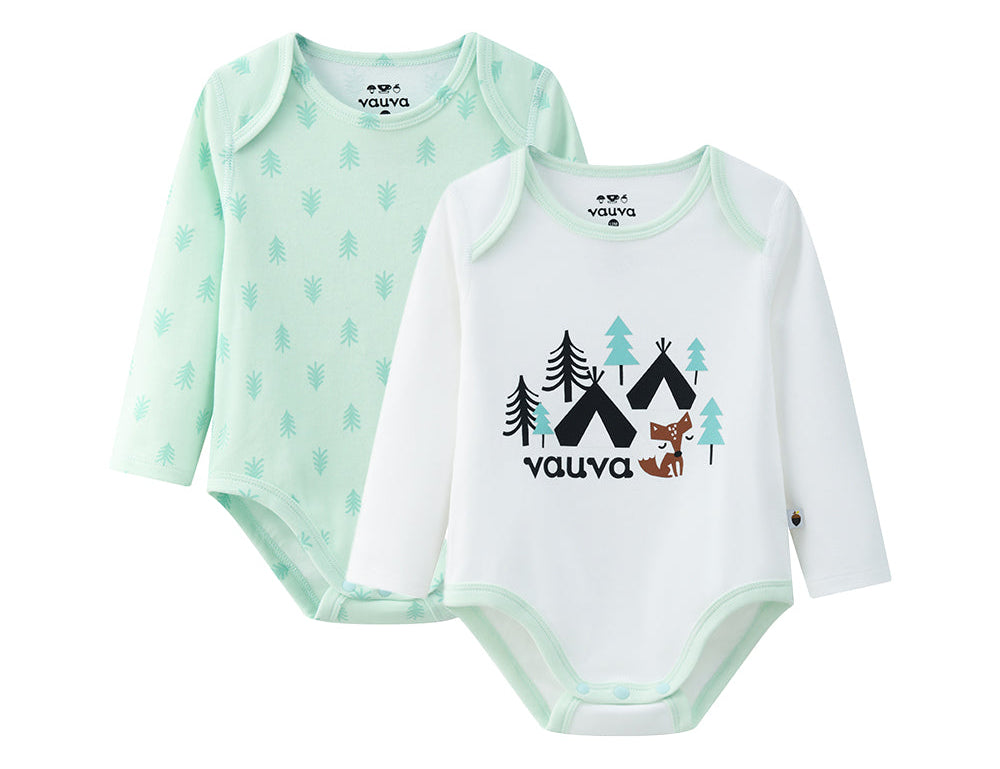 Vauva BBNS - Baby Anti-bacterial Organic Cotton Bodysuits (2-pack Green/Print)-product image front