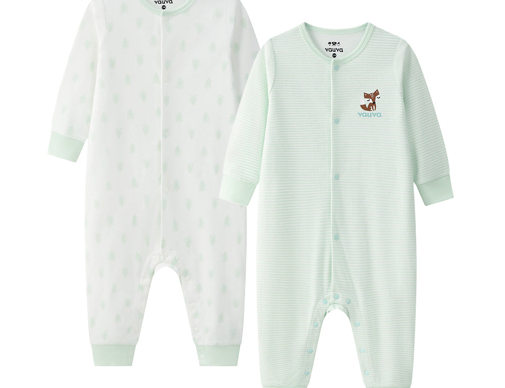 Vauva BBNS - Baby Anti-bacterial Organic Cotton Long-sleeved Romper 2-pack (Green/Strips) -product image front