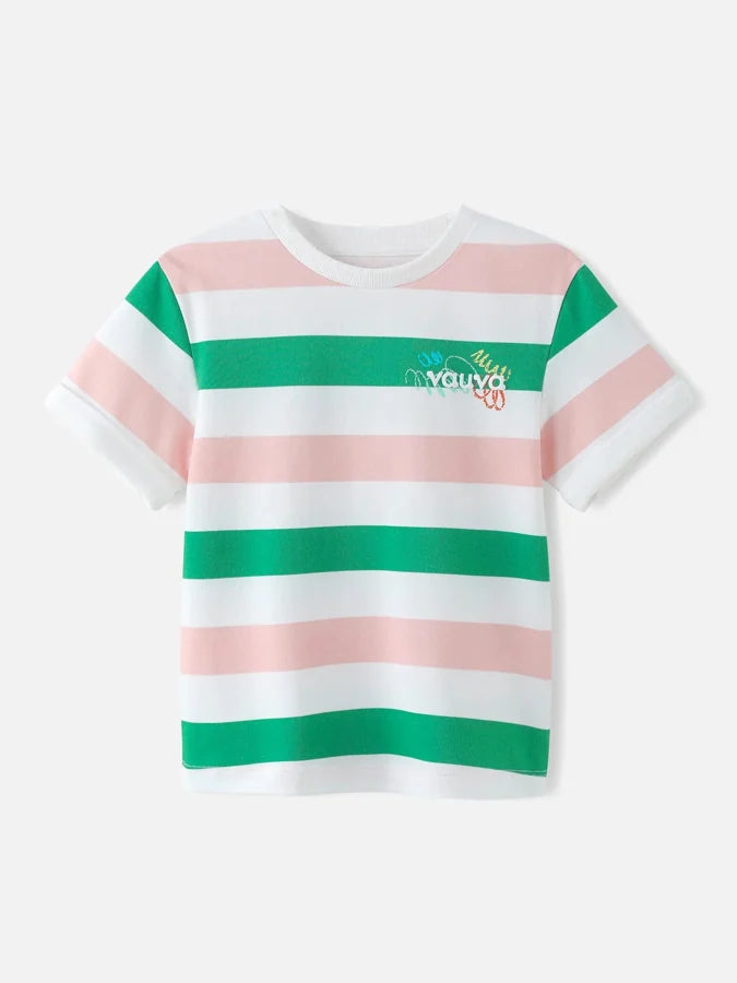 Kids Stripy Short Sleeves Tee, Green / Pink stripes