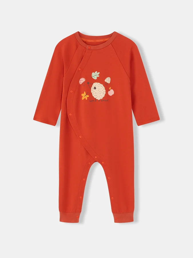 Baby Boys Woodland Hedgehog Print Wrap-Front Romper, Red
