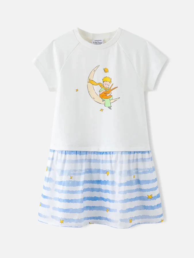 Girls Two Tone Print Dress, White + Blue