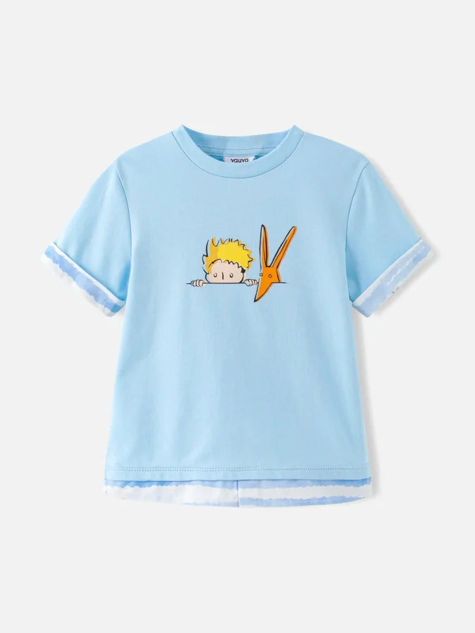 Boys Two Tone Print Tee, Light Blue + Blue