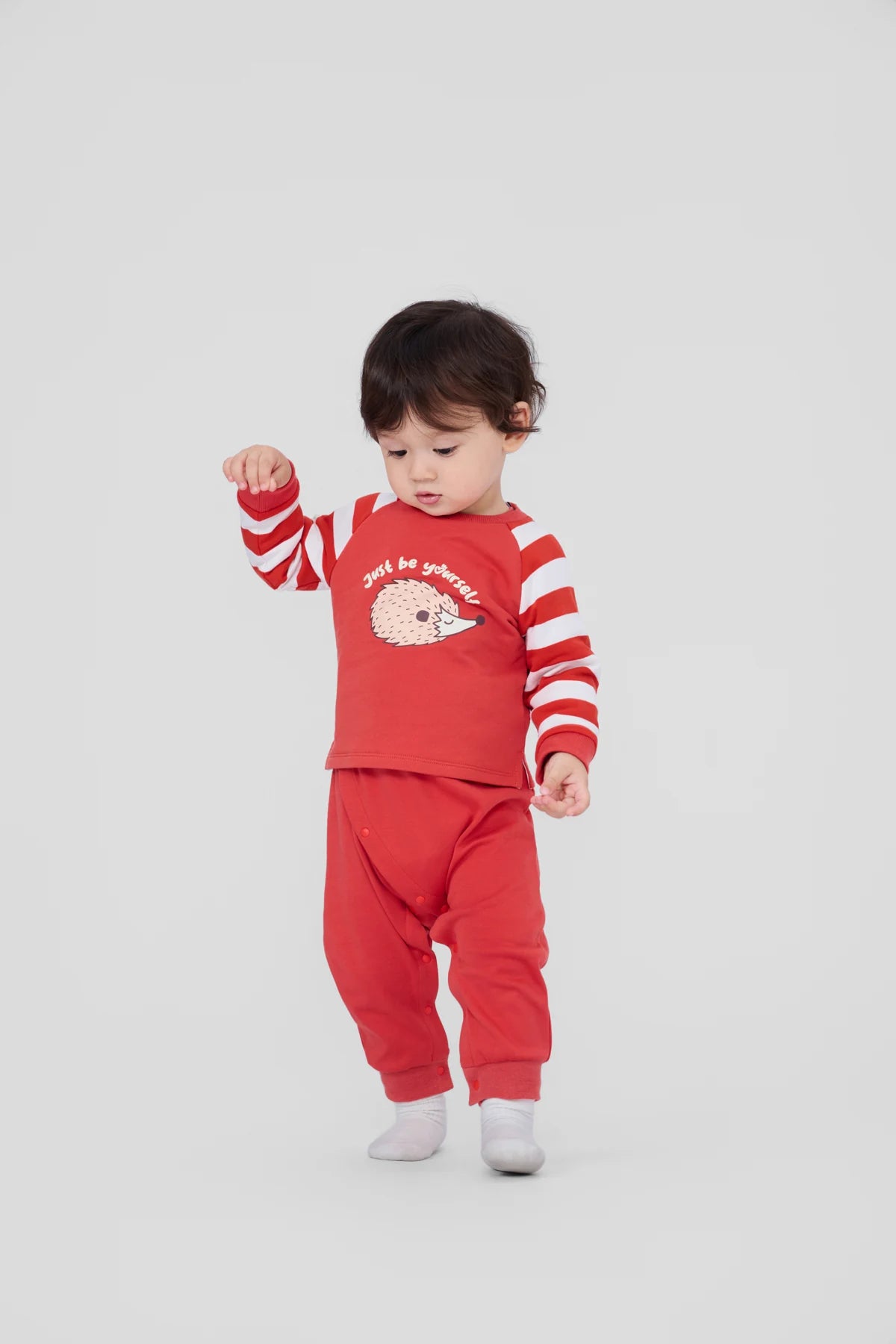 Toddler in the red hedgehog raglan tee with striped sleeves.
