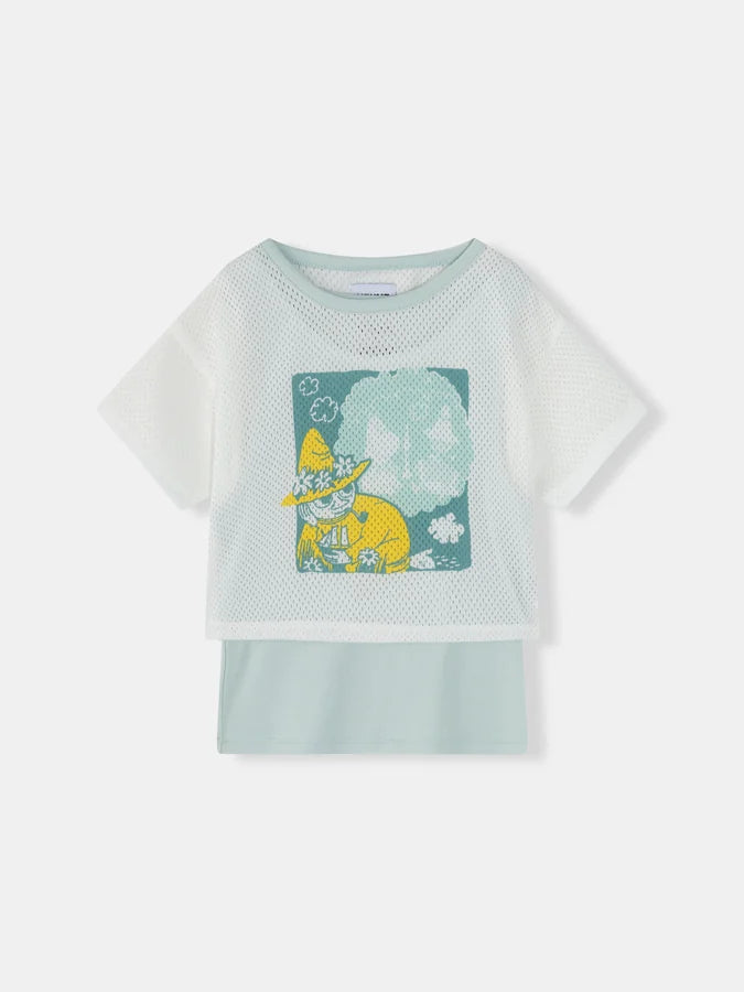 Kids Snufkin Print Layered Mesh T-Shirt Set, Green