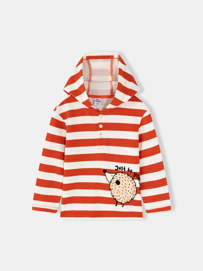 Boys Hedgehog Stripe Hooded Henley T-Shirt, Red stripes