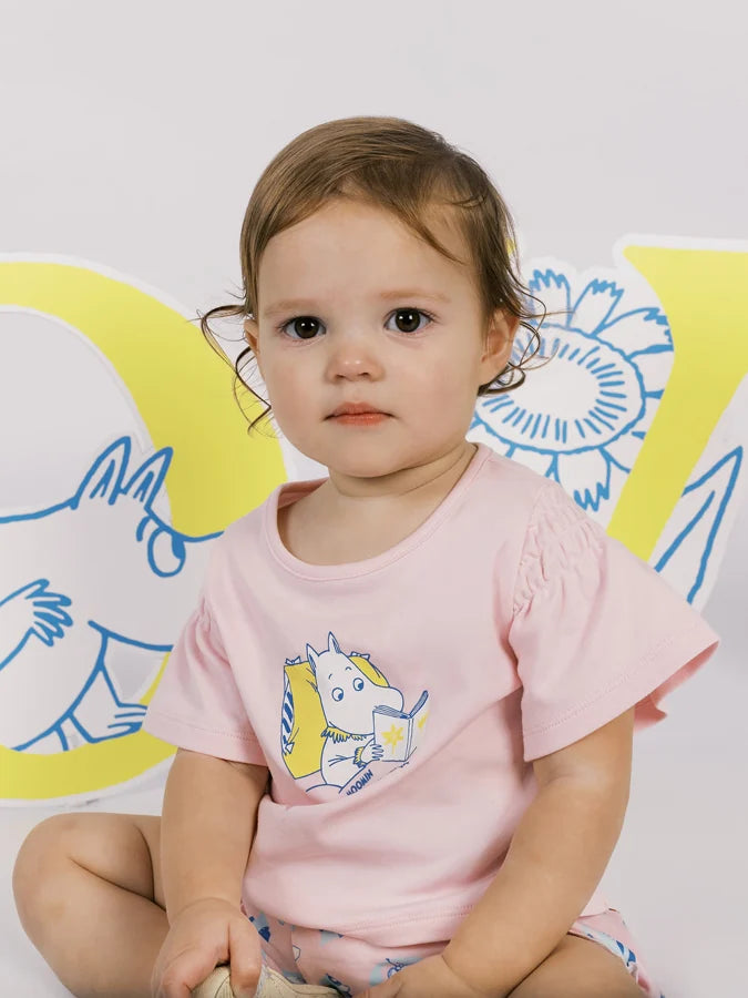 Flutter‑Sleeve Moomin Print Baby T‑Shirt, Pink