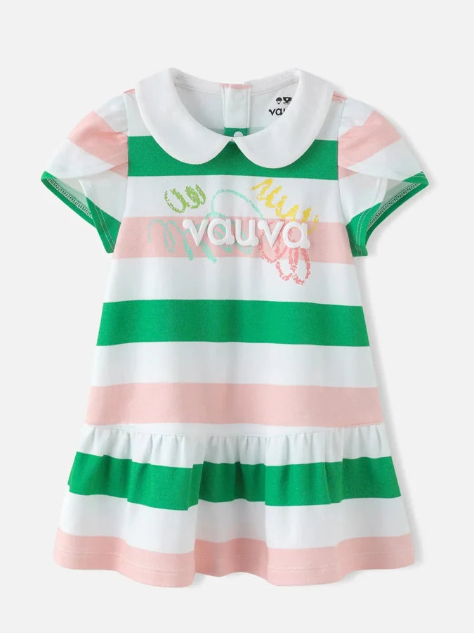Baby Girls Stripy Tulip Sleeves Dress, Green / Pink stripes