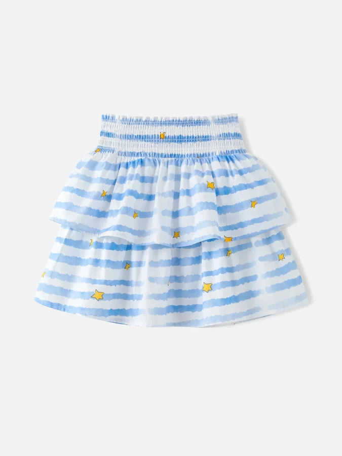 Girls Stripy Layered Skirt, Blue / White / Yellow