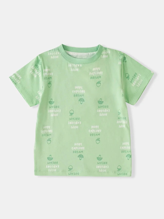 Kids Short Sleeve All‑Over “Hope Explore Dream” Print Tee, Green