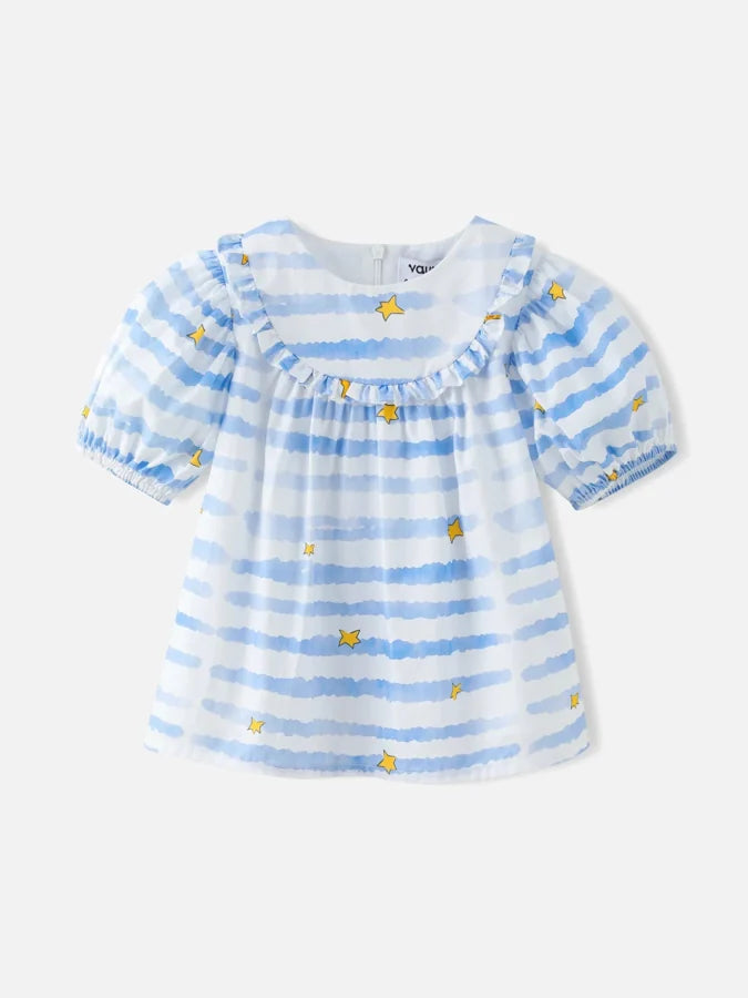 Girls Stripy Puff Sleeves Top, Blue / White / Yellow