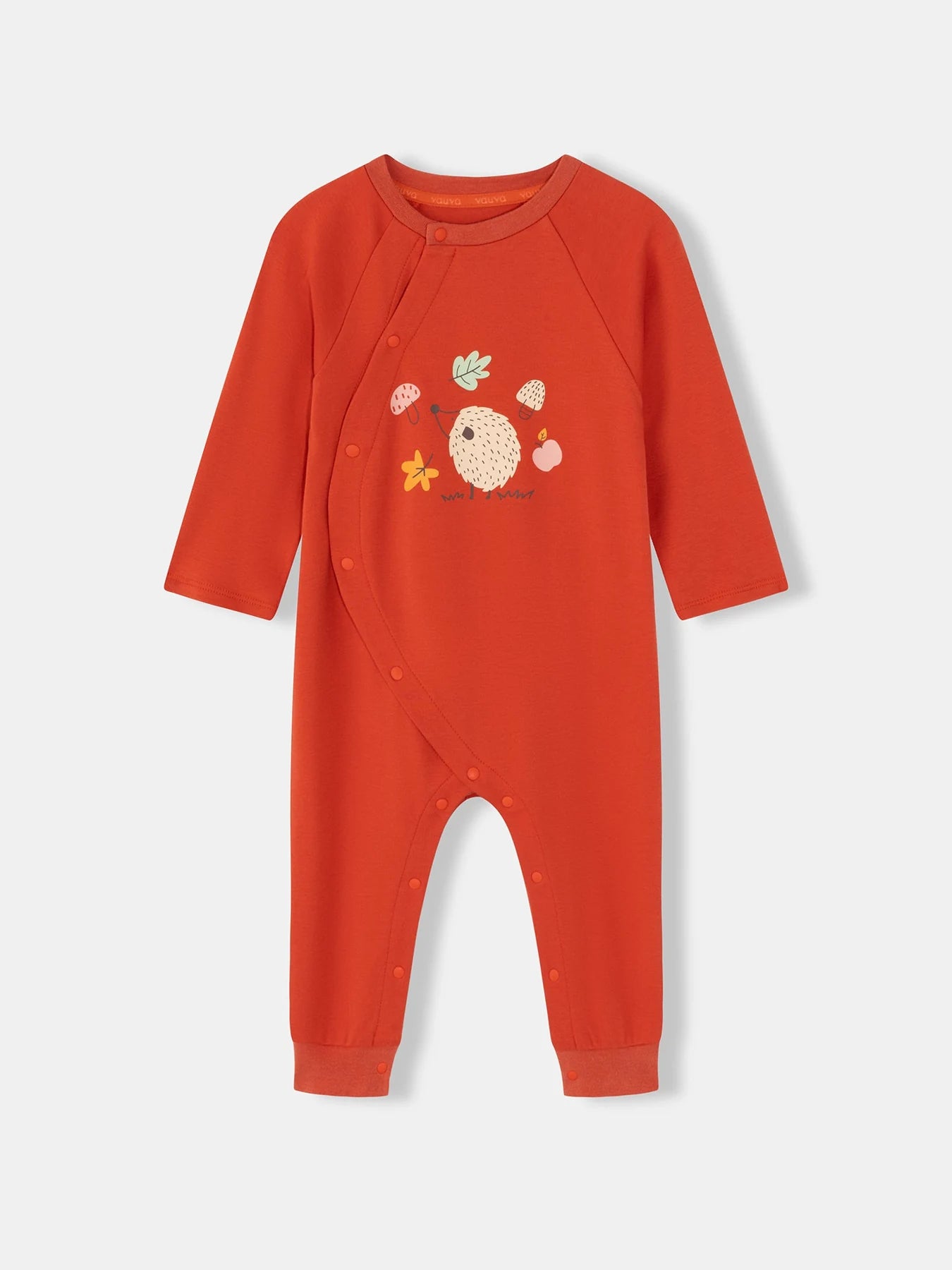 Garment study of the red wrap-front hedgehog romper.