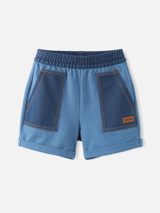 Kids Two-Tone Jersey Denim Rolled Hem Shorts, Navy