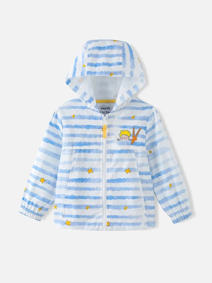 Boys Stripes Hooded Jacket, Blue / White / Yellow