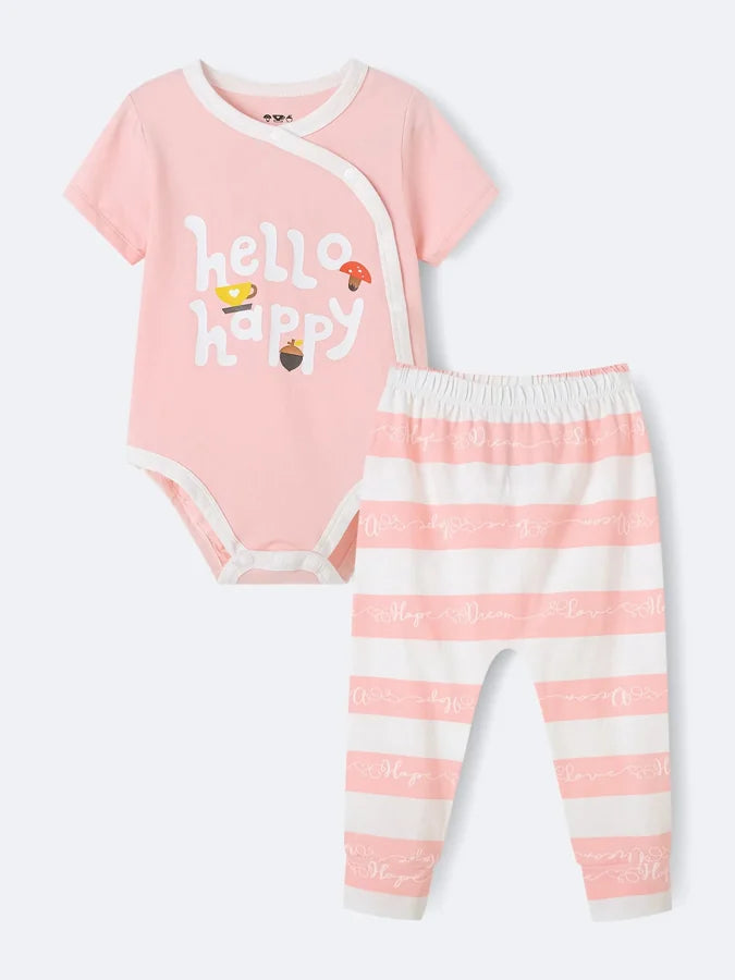 Baby Short Sleeve Stripes Bodysuit And Leggings Set, Pink