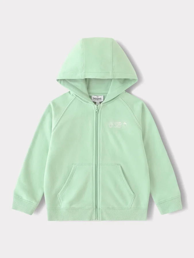 Boys Mint Green Embroidery Zip‑Up Hoodie Jacket, Green