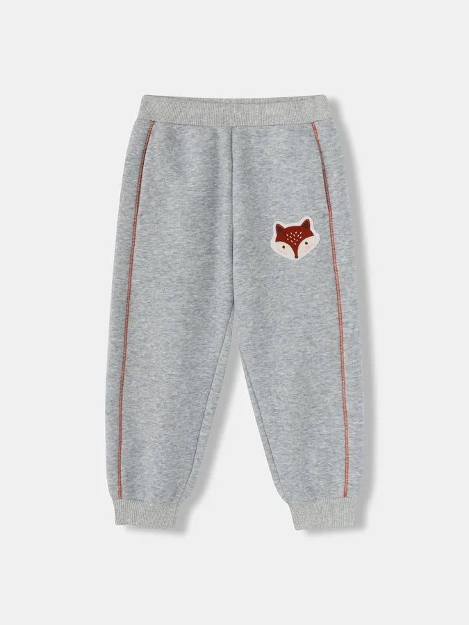 Kids Fox Patch Fleece-Lined Jogger Pants, Grey